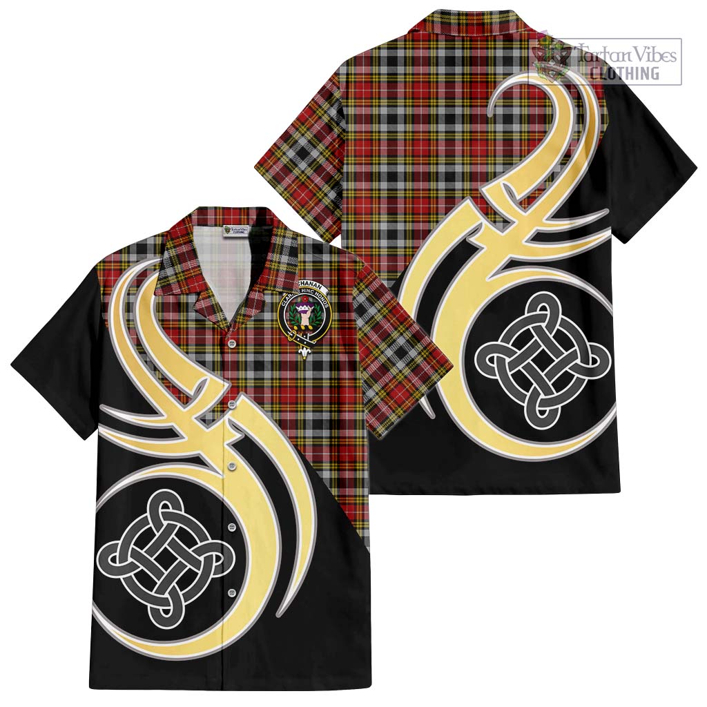 Buchanan Old Dress Tartan Short Sleeve Button Shirt with Family Crest and Celtic Symbol Style - Tartan Vibes Clothing