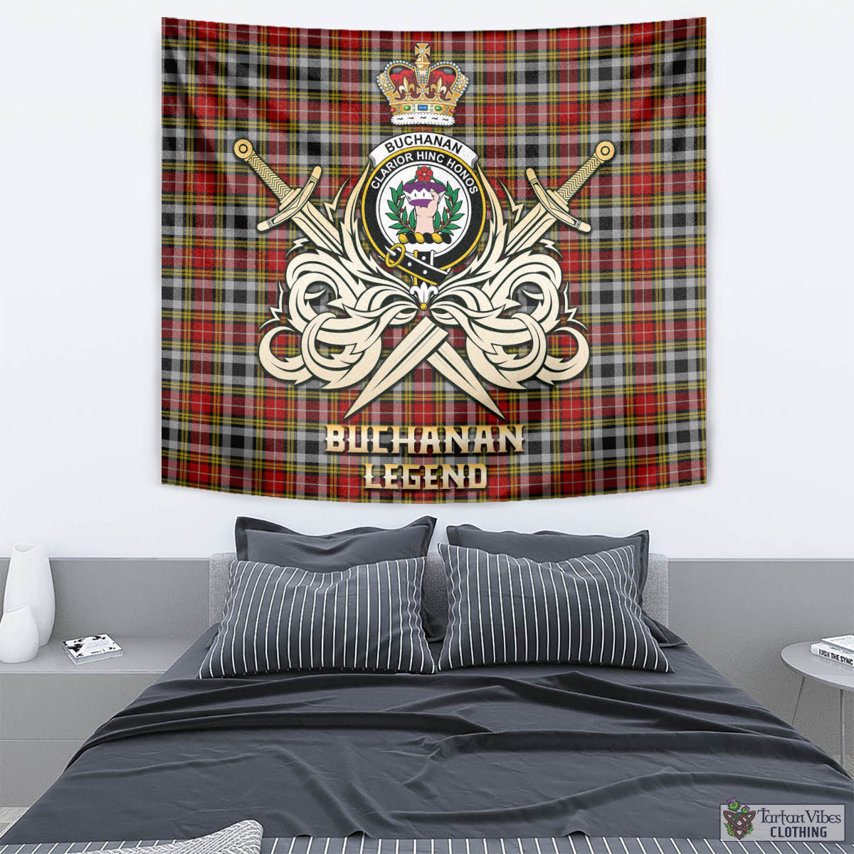 Tartan Vibes Clothing Buchanan Old Dress Tartan Tapestry with Clan Crest and the Golden Sword of Courageous Legacy