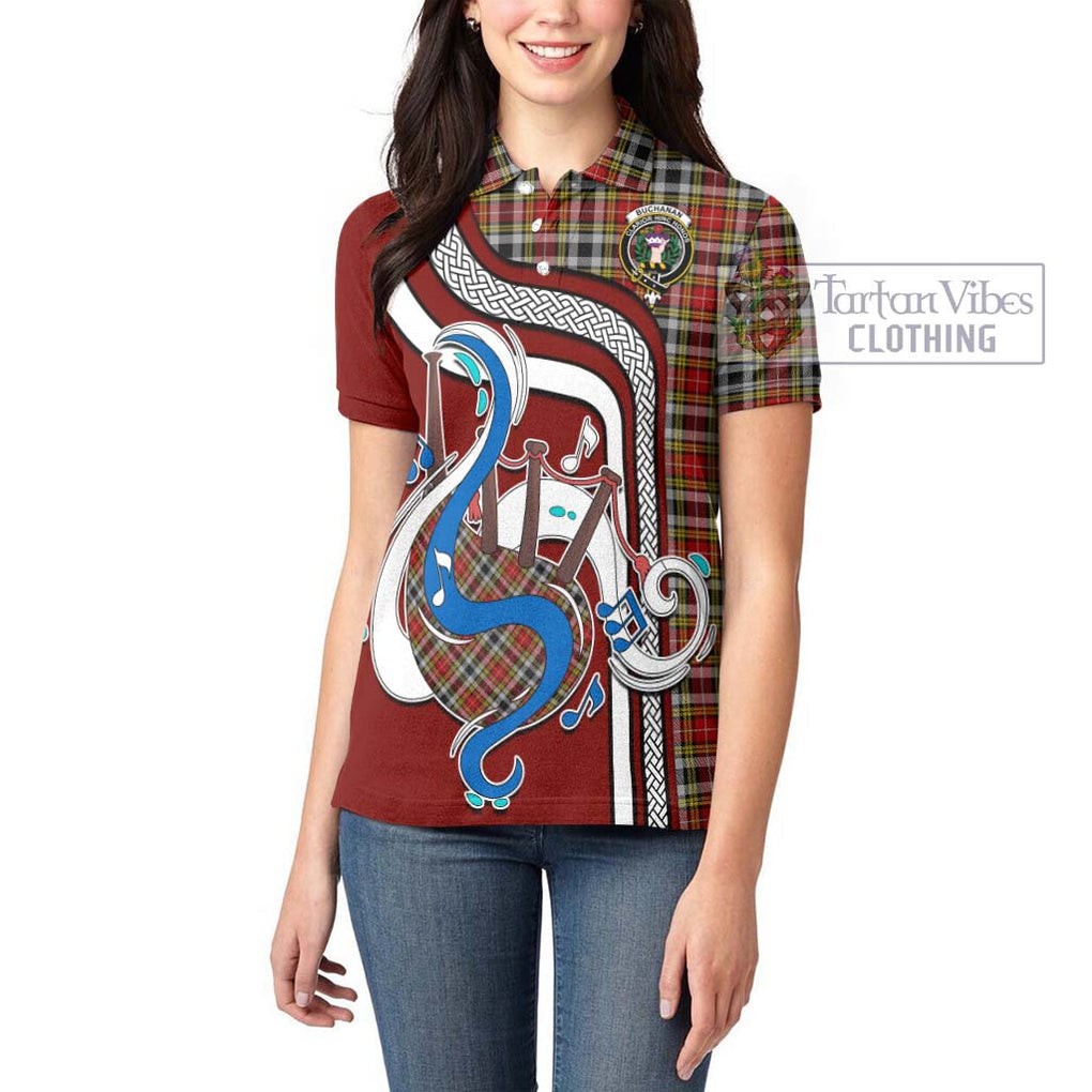 Buchanan Old Dress Tartan Women's Polo Shirt with Epic Bagpipe Style - Tartanvibesclothing Shop