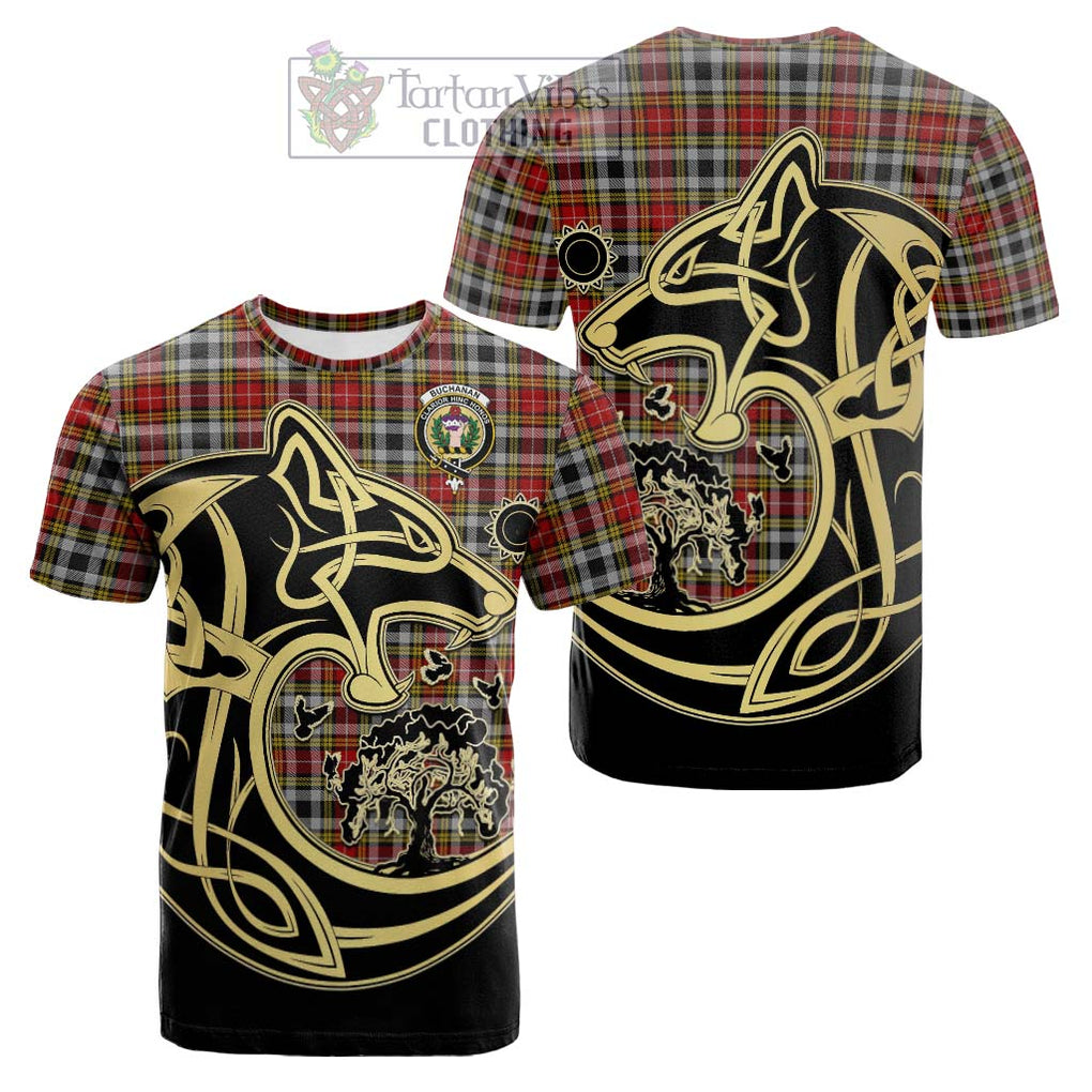 Tartan Vibes Clothing Buchanan Old Dress Tartan Cotton T-shirt with Family Crest Celtic Wolf Style