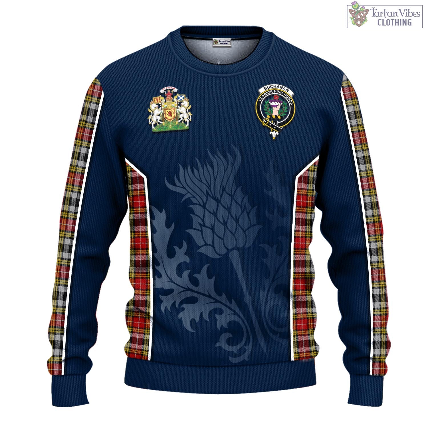 Tartan Vibes Clothing Buchanan Old Dress Tartan Knitted Sweatshirt with Family Crest and Scottish Thistle Vibes Sport Style