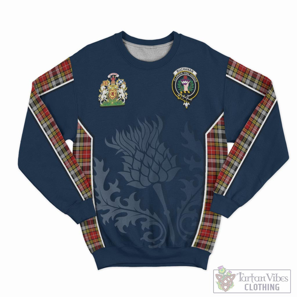 Tartan Vibes Clothing Buchanan Old Dress Tartan Sweatshirt with Family Crest and Scottish Thistle Vibes Sport Style