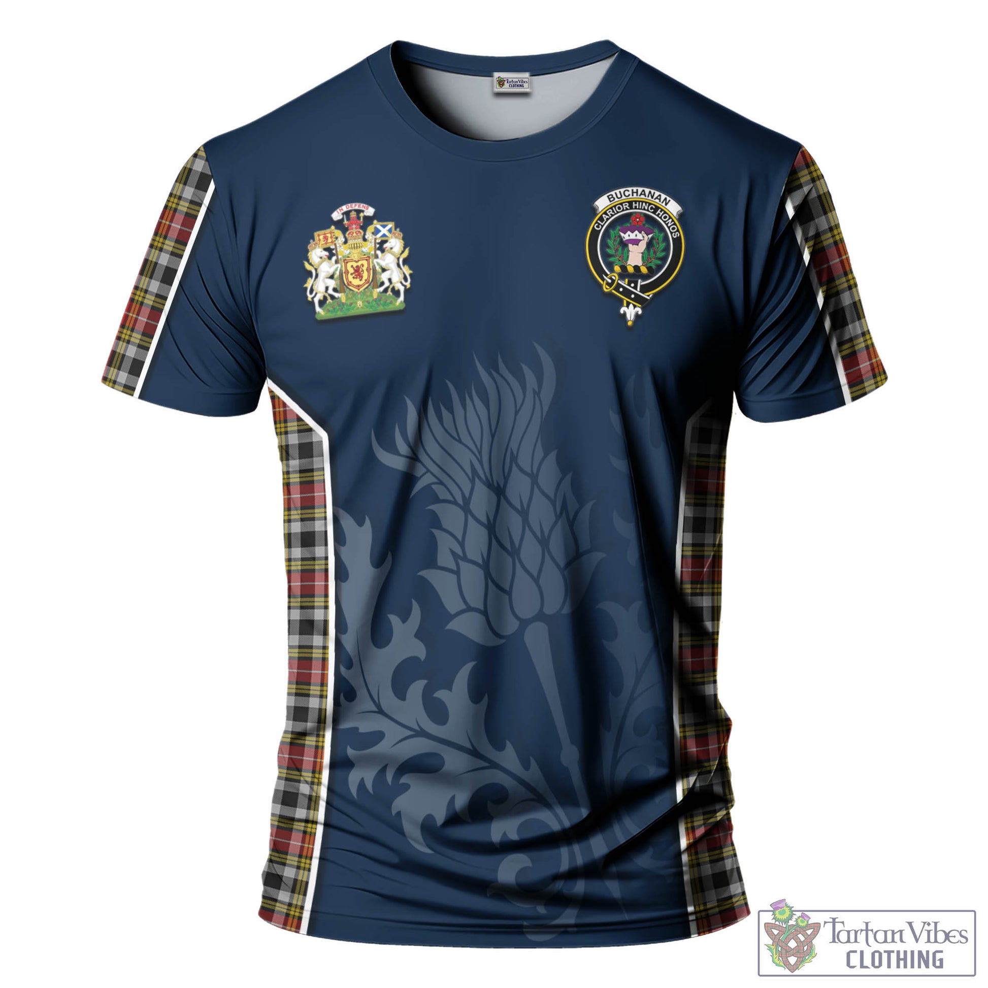 Tartan Vibes Clothing Buchanan Old Dress Tartan T-Shirt with Family Crest and Scottish Thistle Vibes Sport Style