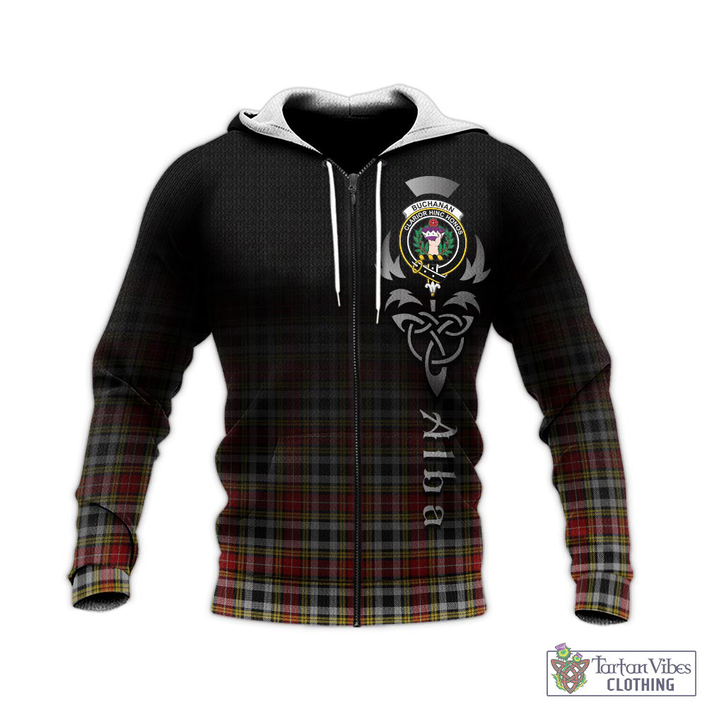 Tartan Vibes Clothing Buchanan Old Dress Tartan Knitted Hoodie Featuring Alba Gu Brath Family Crest Celtic Inspired