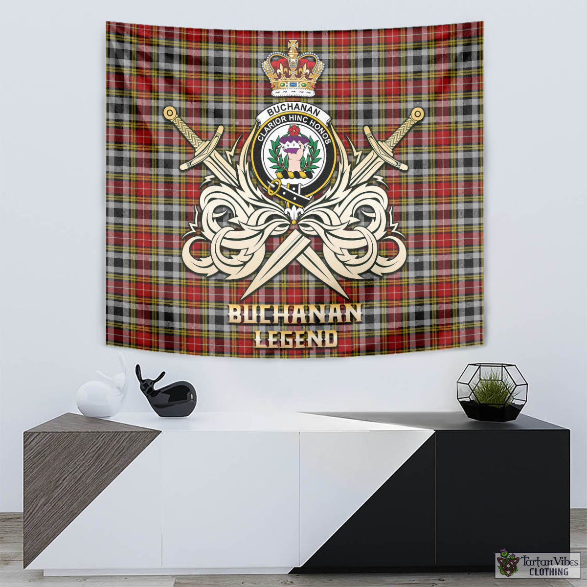 Tartan Vibes Clothing Buchanan Old Dress Tartan Tapestry with Clan Crest and the Golden Sword of Courageous Legacy