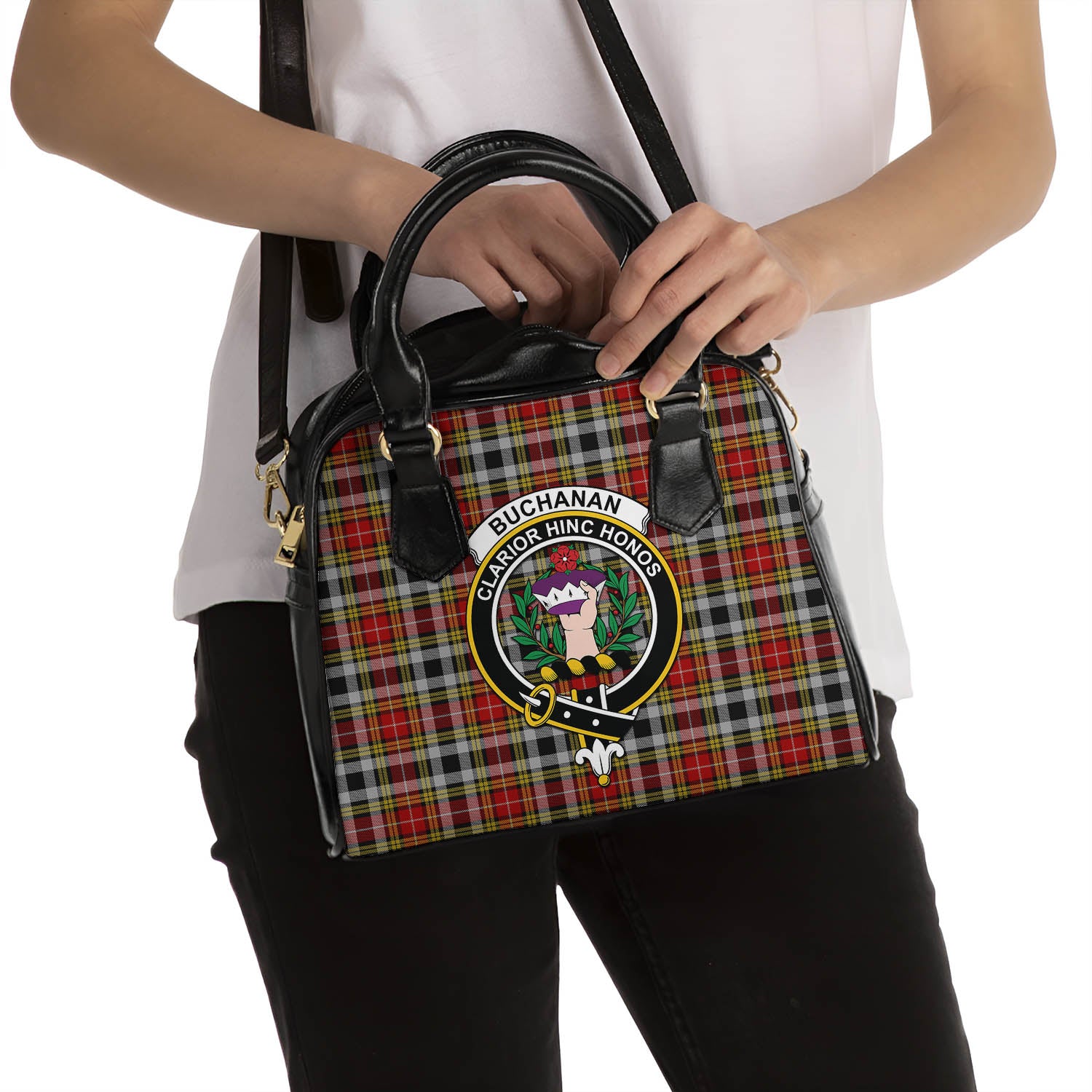 Buchanan Old Dress Tartan Shoulder Handbags with Family Crest - Tartanvibesclothing