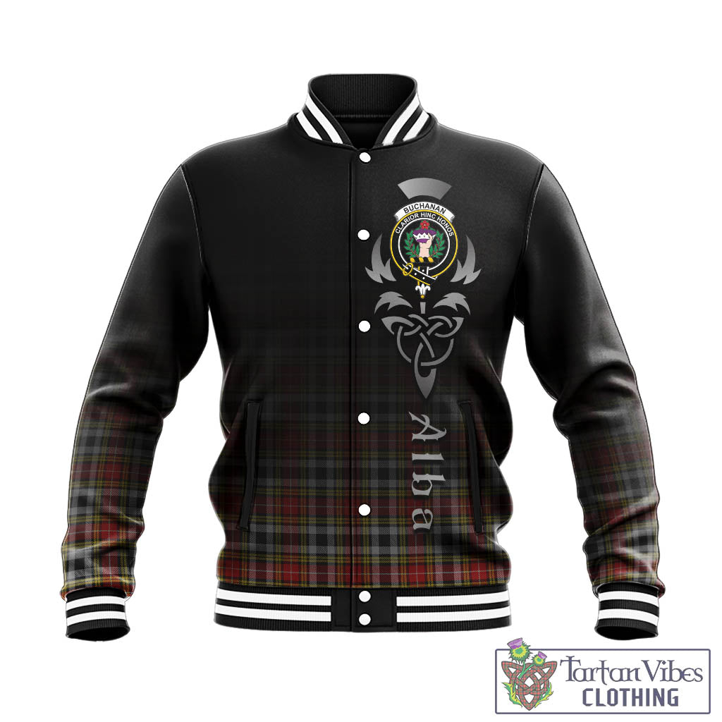 Tartan Vibes Clothing Buchanan Old Dress Tartan Baseball Jacket Featuring Alba Gu Brath Family Crest Celtic Inspired