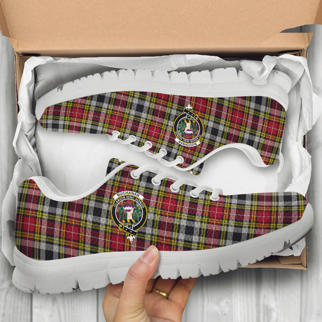 Buchanan Old Dress Tartan Sneakers with Family Crest - Tartan Vibes Clothing