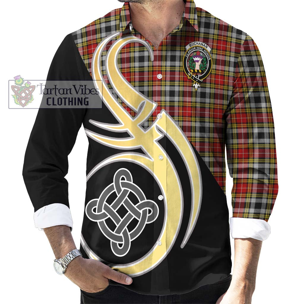 Buchanan Old Dress Tartan Long Sleeve Button Shirt with Family Crest and Celtic Symbol Style - Tartan Vibes Clothing