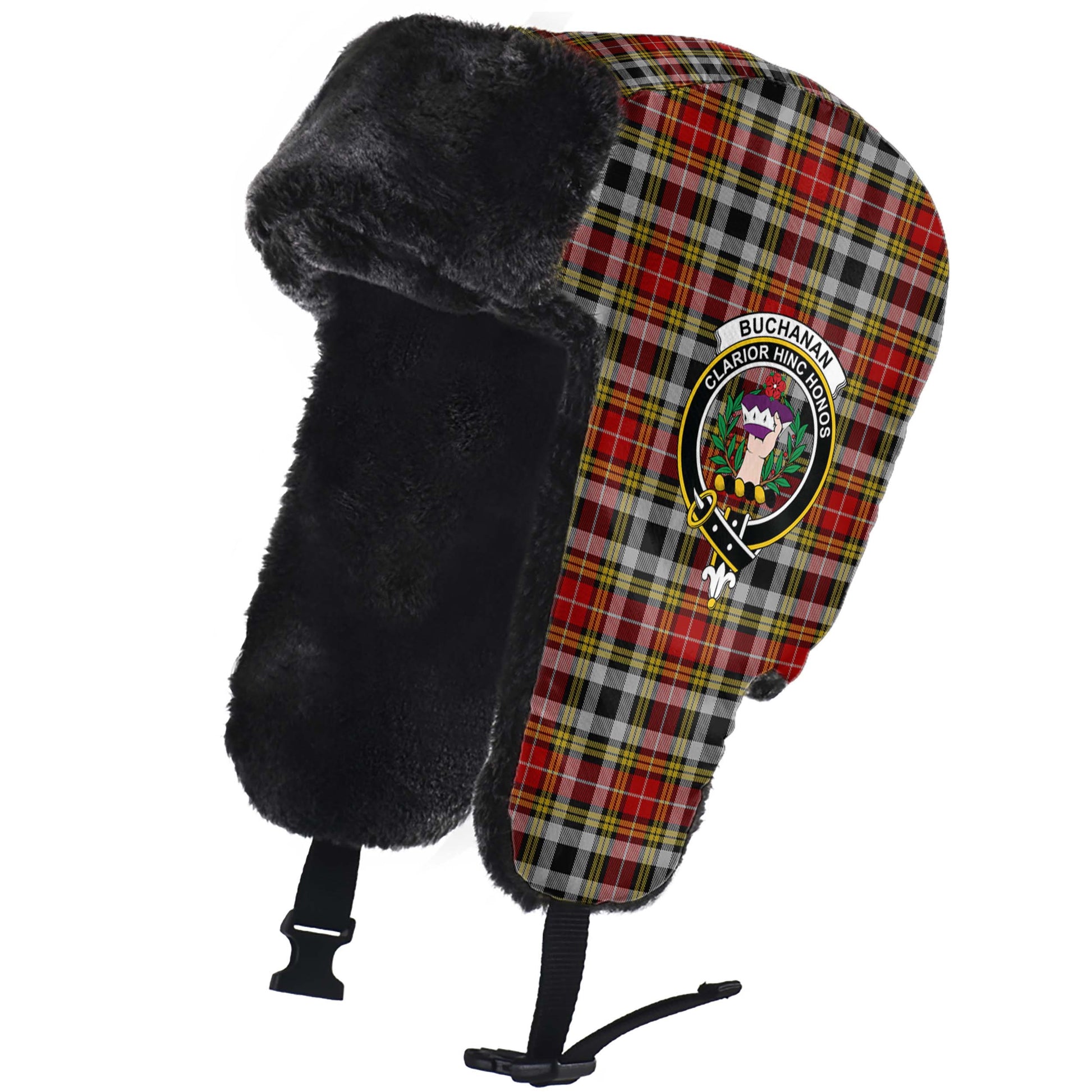 Buchanan Old Dress Tartan Winter Trapper Hat with Family Crest - Tartanvibesclothing