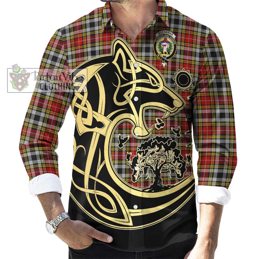 Buchanan Old Dress Tartan Long Sleeve Button Shirt with Family Crest Celtic Wolf Style - Tartan Vibes Clothing