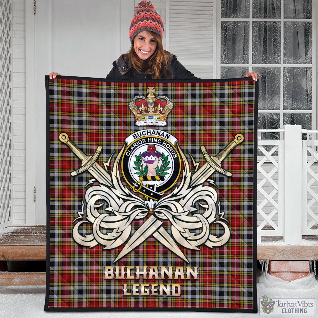 Tartan Vibes Clothing Buchanan Old Dress Tartan Quilt with Clan Crest and the Golden Sword of Courageous Legacy