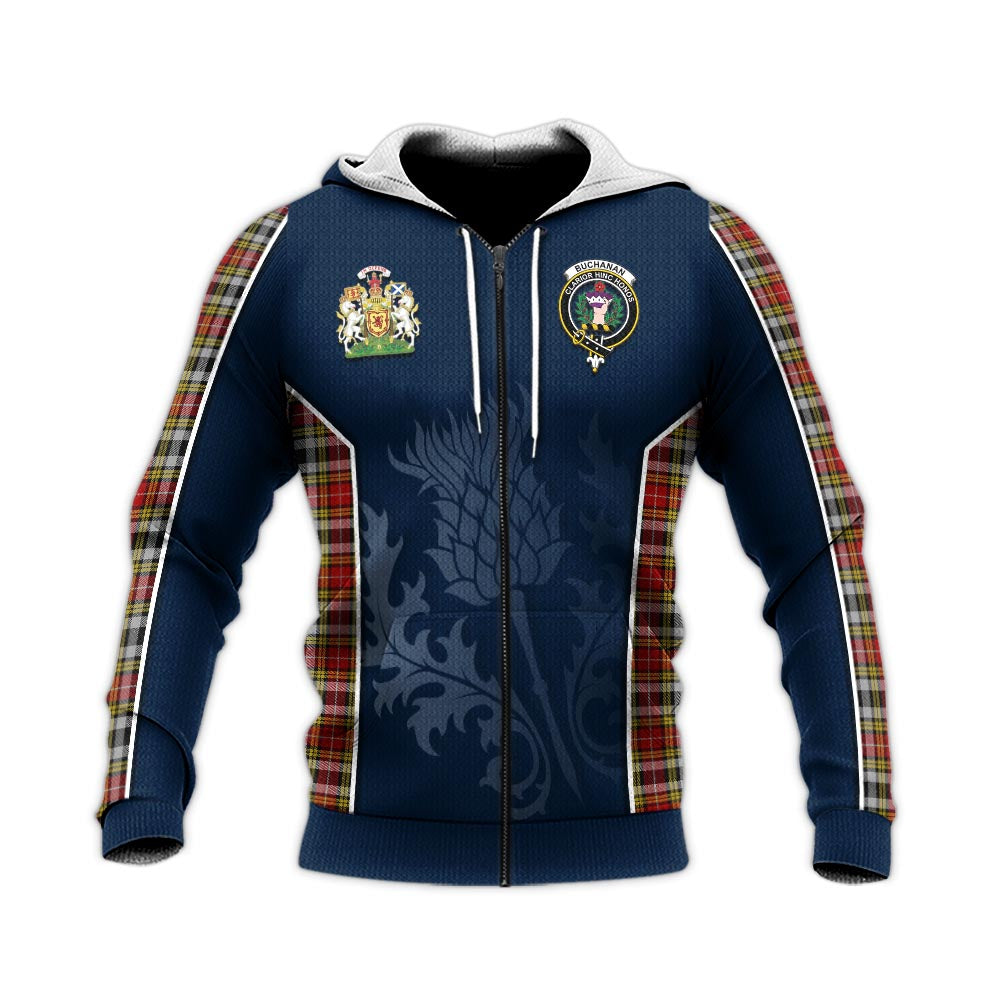 Tartan Vibes Clothing Buchanan Old Dress Tartan Knitted Hoodie with Family Crest and Scottish Thistle Vibes Sport Style