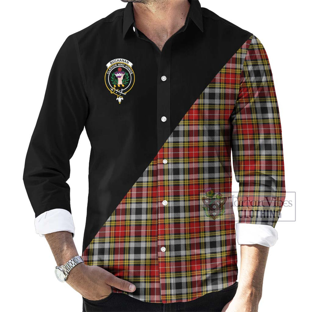 Buchanan Old Dress Tartan Long Sleeve Button Shirt with Family Crest and Military Logo Style - Tartanvibesclothing Shop