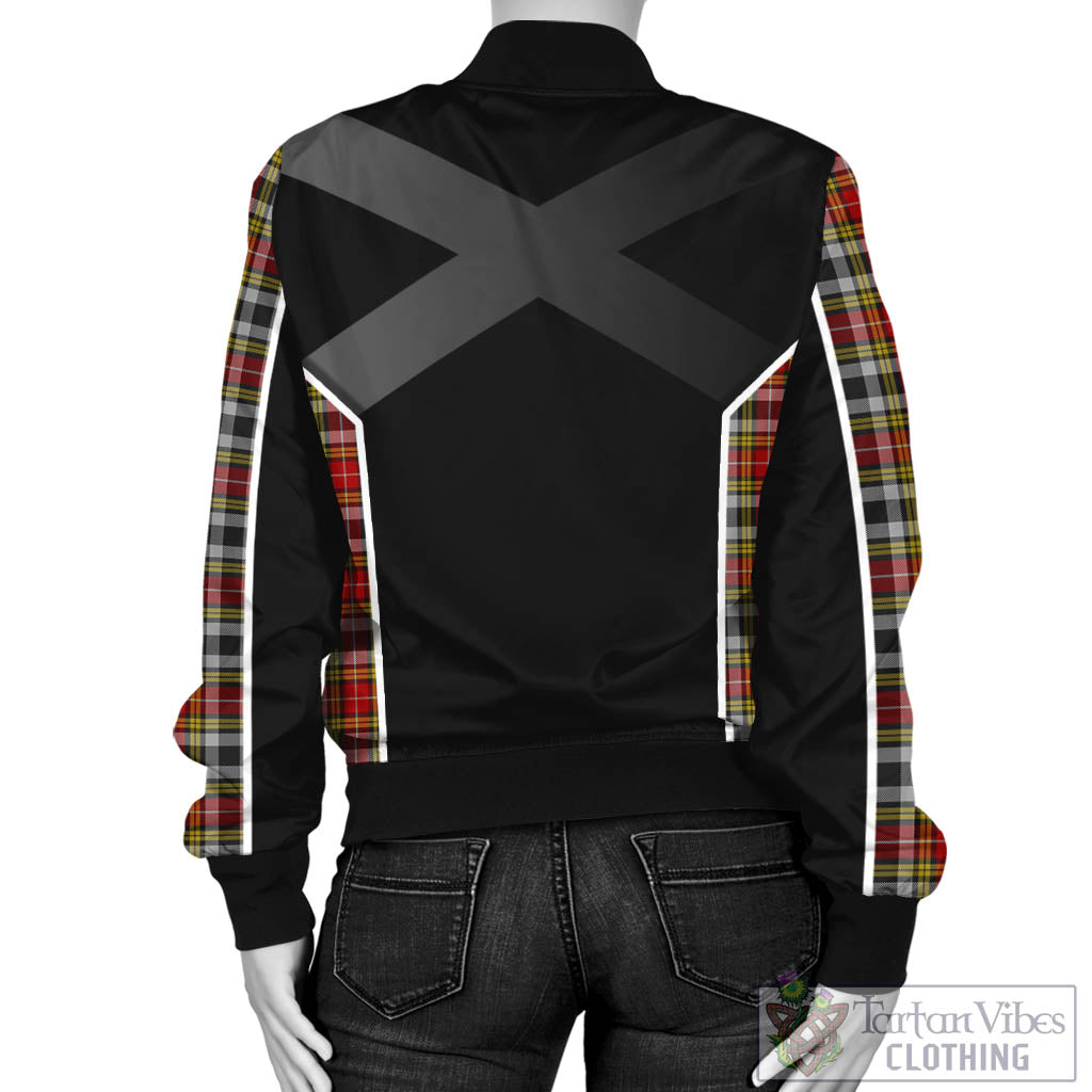 Tartan Vibes Clothing Buchanan Old Dress Tartan Bomber Jacket with Family Crest and Scottish Thistle Vibes Sport Style