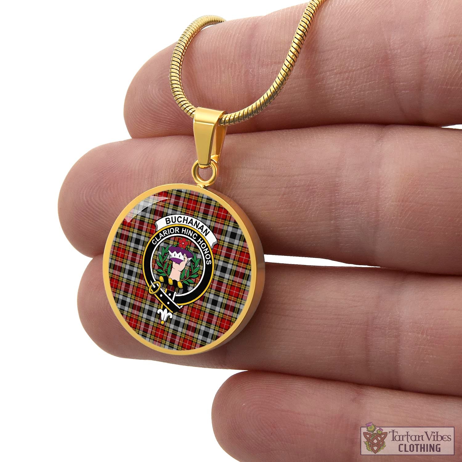 Tartan Vibes Clothing Buchanan Old Dress Tartan Circle Necklace with Family Crest