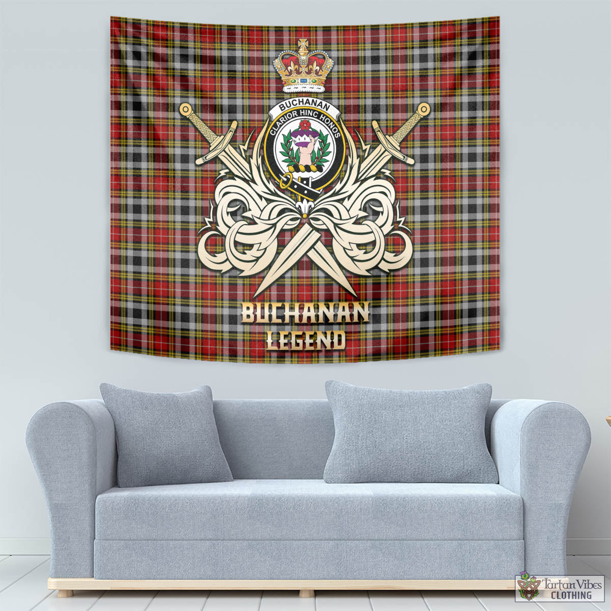 Tartan Vibes Clothing Buchanan Old Dress Tartan Tapestry with Clan Crest and the Golden Sword of Courageous Legacy