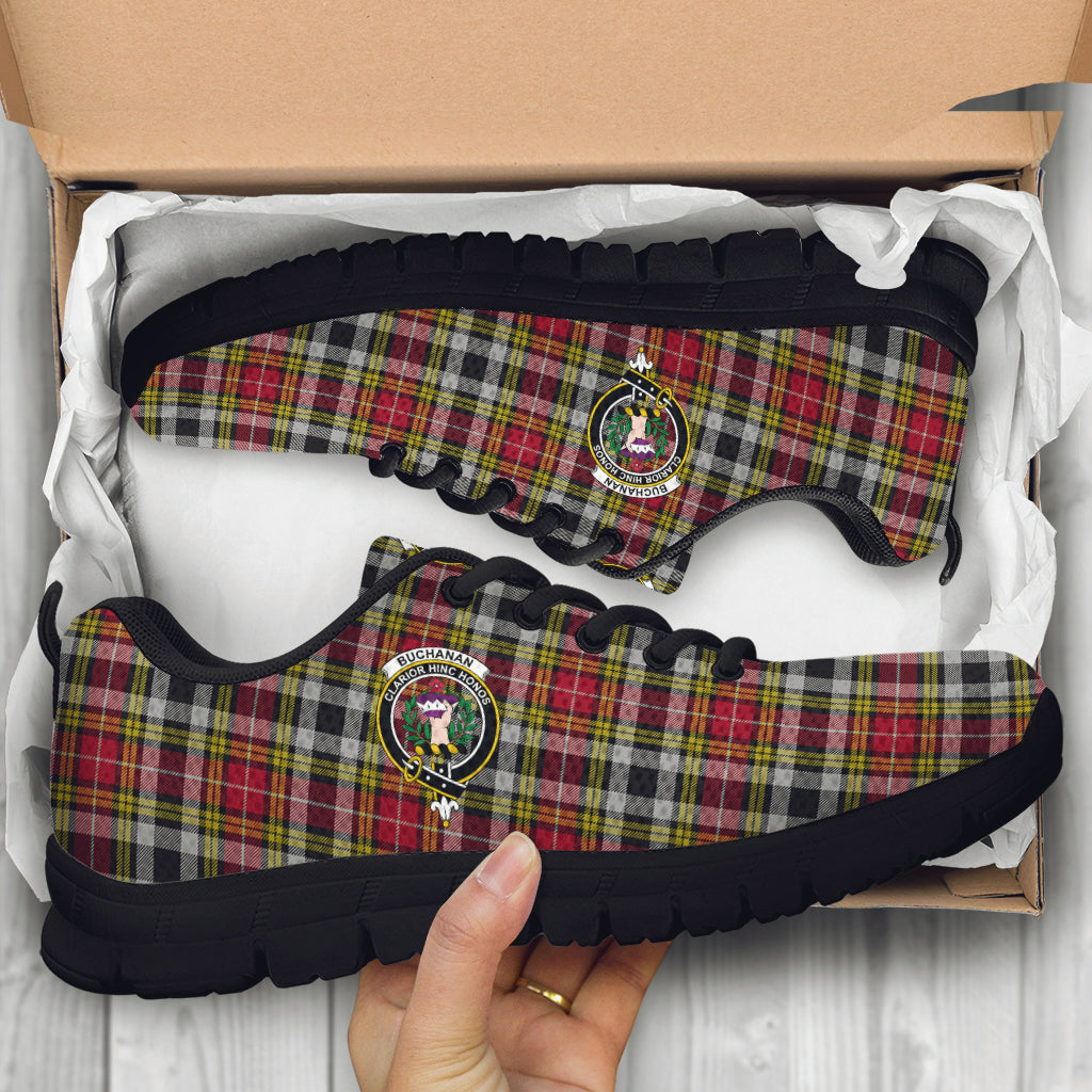 Buchanan Old Dress Tartan Sneakers with Family Crest - Tartan Vibes Clothing