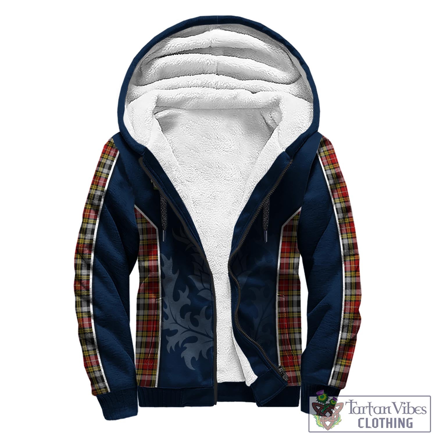 Tartan Vibes Clothing Buchanan Old Dress Tartan Sherpa Hoodie with Family Crest and Scottish Thistle Vibes Sport Style