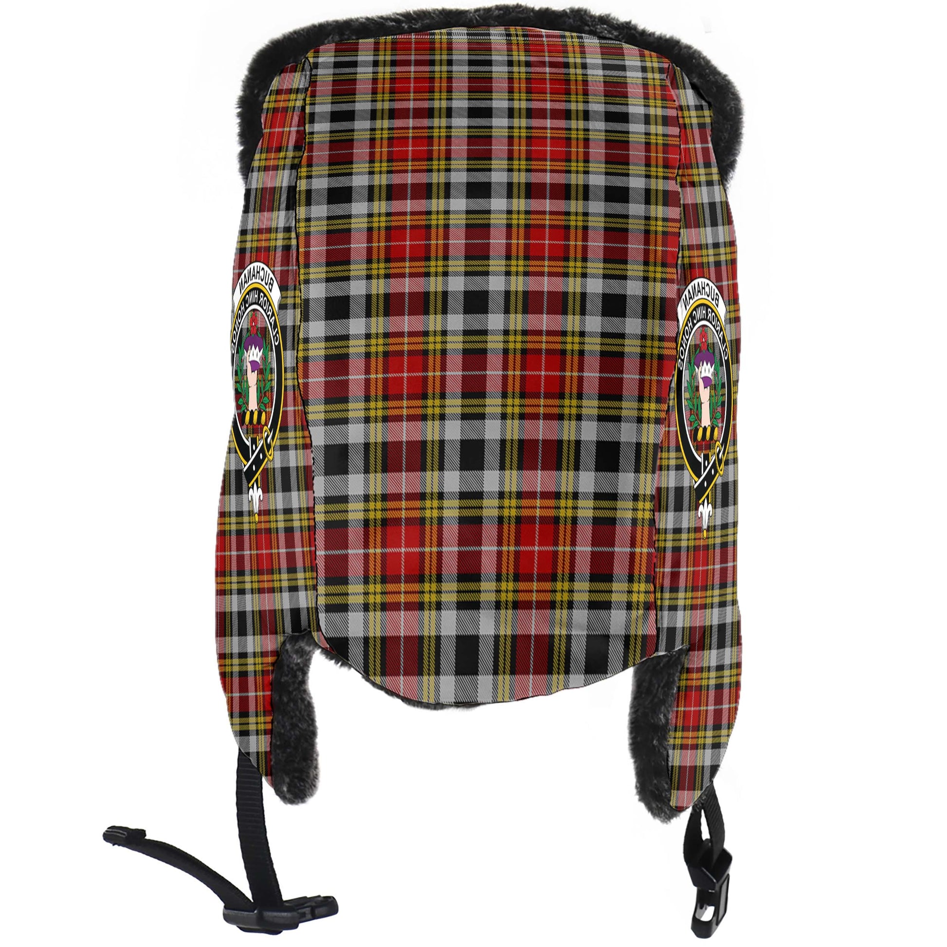 Buchanan Old Dress Tartan Winter Trapper Hat with Family Crest - Tartanvibesclothing