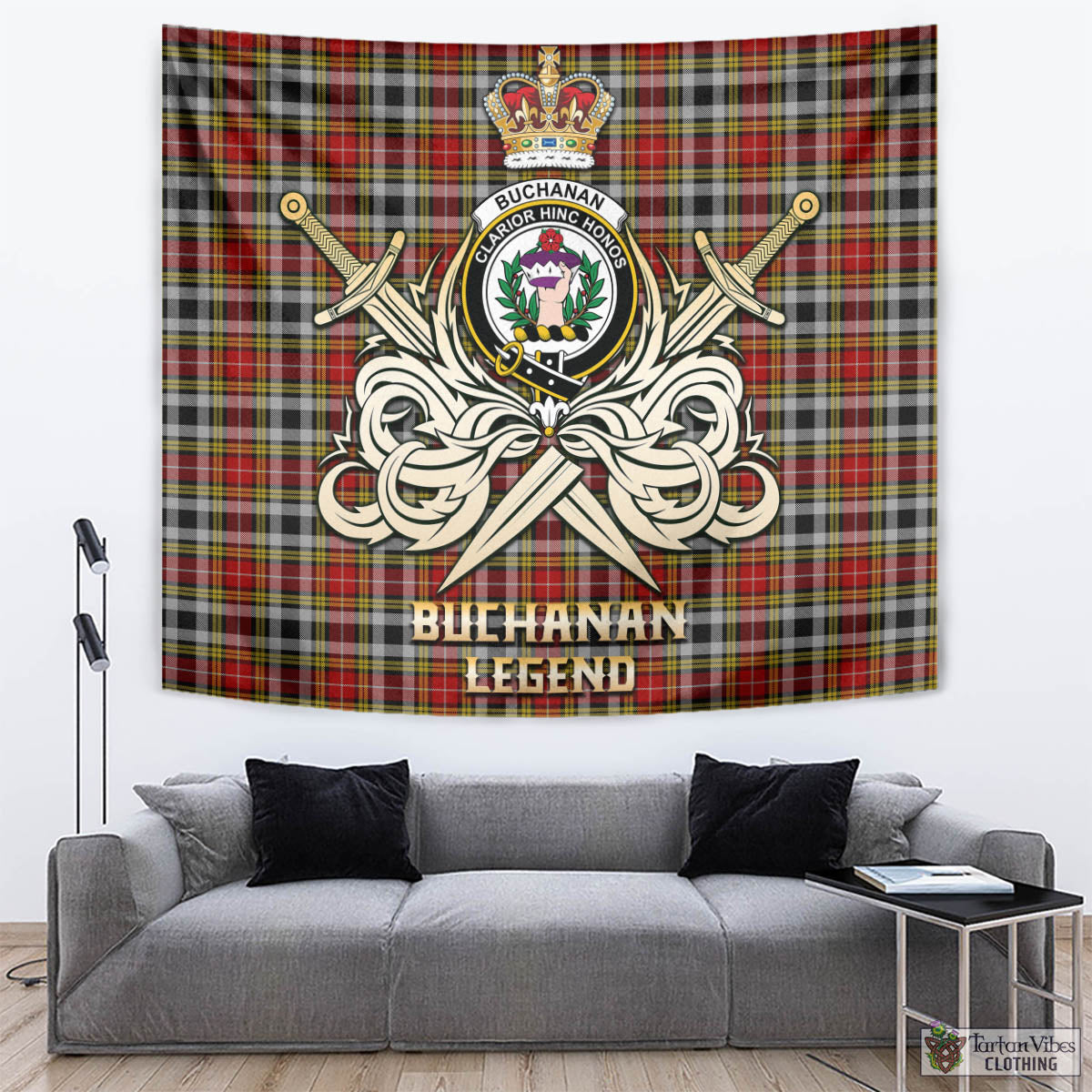 Tartan Vibes Clothing Buchanan Old Dress Tartan Tapestry with Clan Crest and the Golden Sword of Courageous Legacy