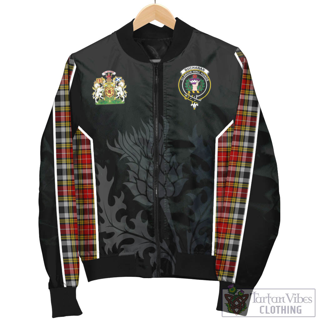 Tartan Vibes Clothing Buchanan Old Dress Tartan Bomber Jacket with Family Crest and Scottish Thistle Vibes Sport Style