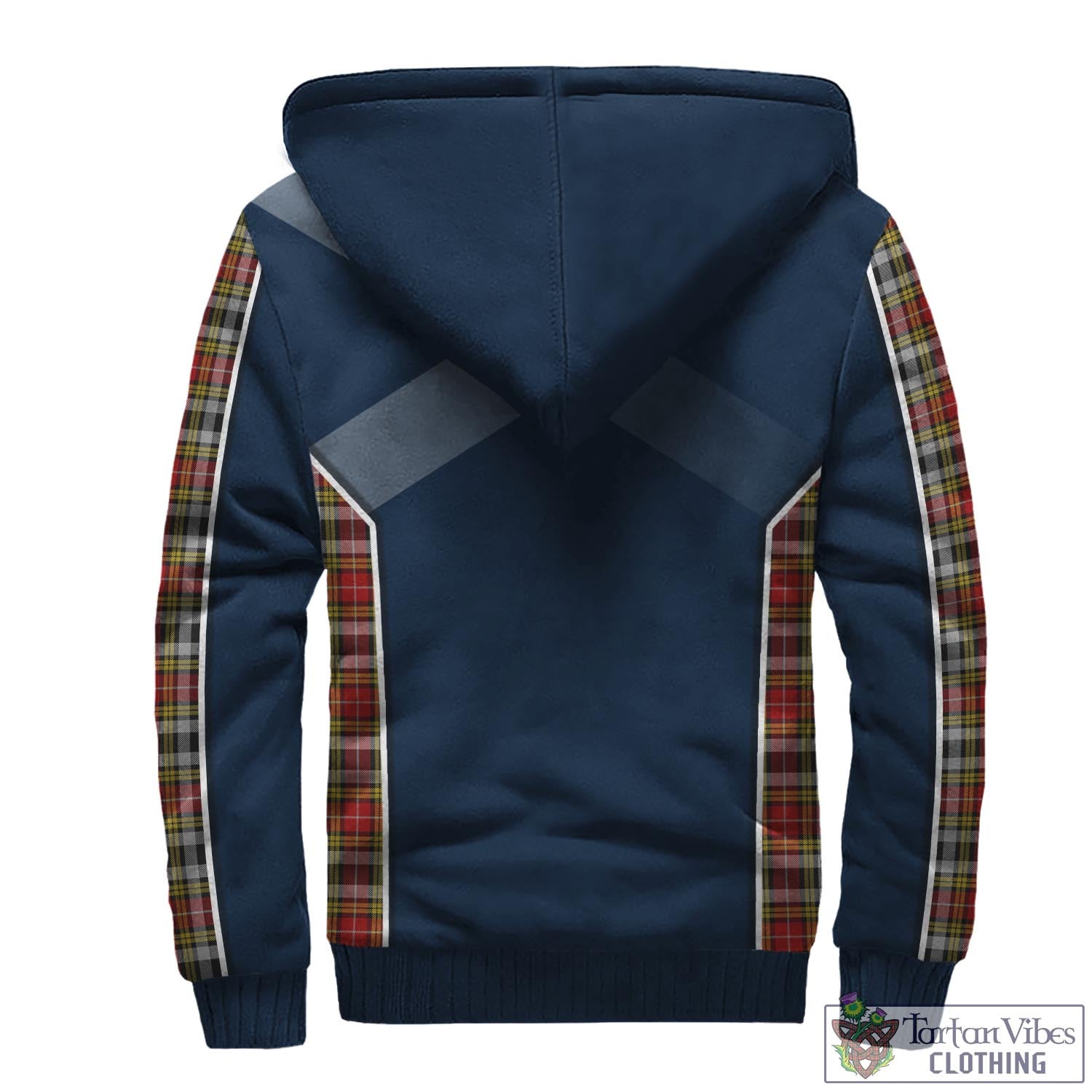 Tartan Vibes Clothing Buchanan Old Dress Tartan Sherpa Hoodie with Family Crest and Scottish Thistle Vibes Sport Style