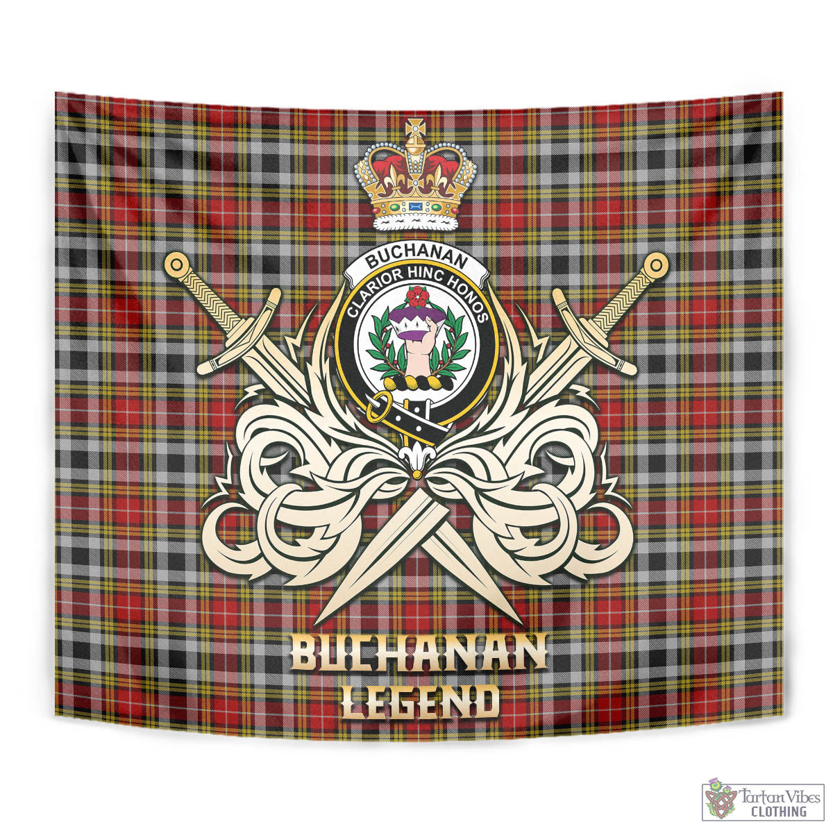 Tartan Vibes Clothing Buchanan Old Dress Tartan Tapestry with Clan Crest and the Golden Sword of Courageous Legacy