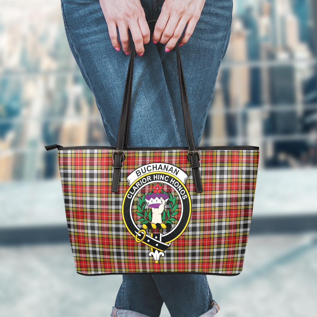 Buchanan Old Dress Tartan Leather Tote Bag with Family Crest - Tartanvibesclothing