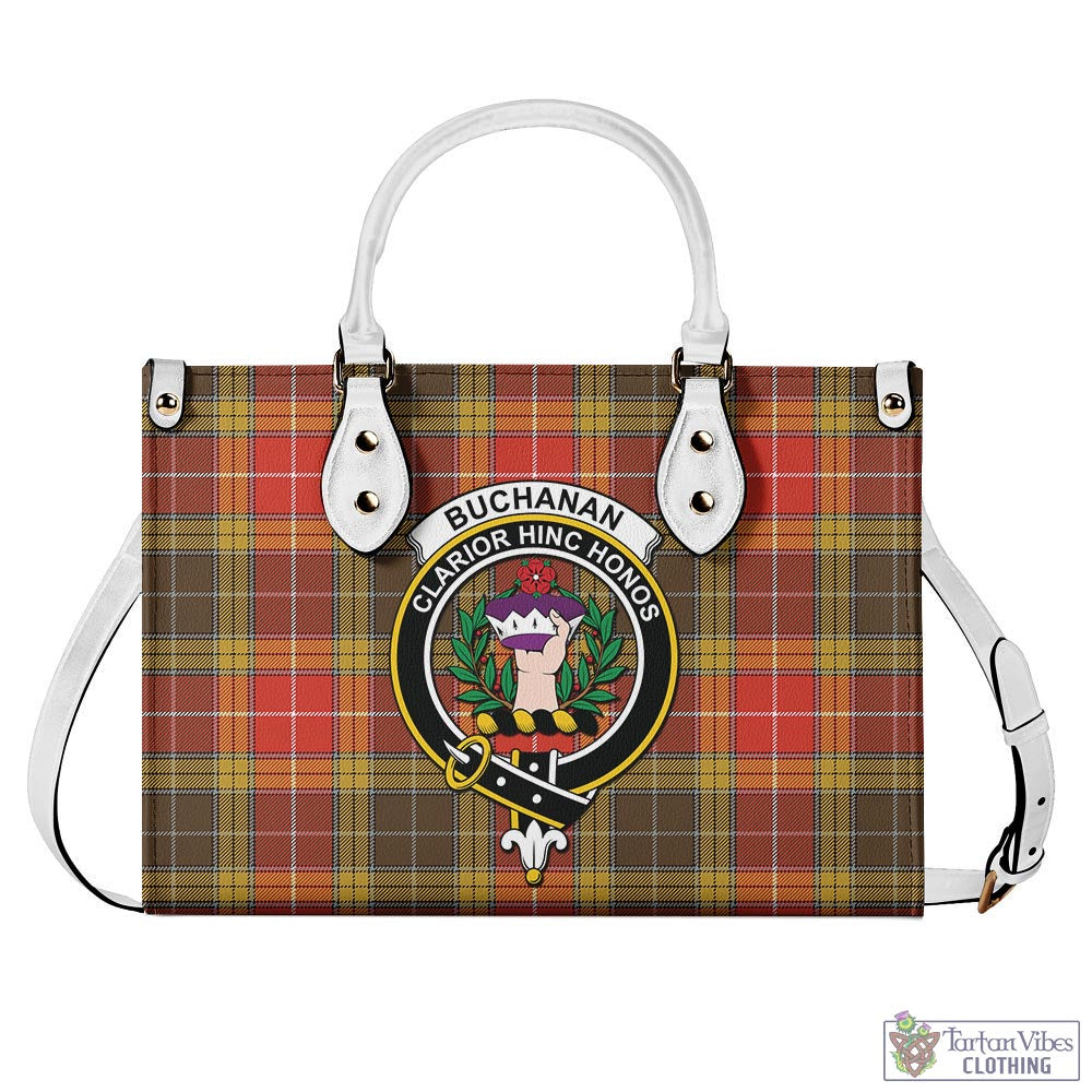 Tartan Vibes Clothing Buchanan Old Set Weathered Tartan Luxury Leather Handbags with Family Crest