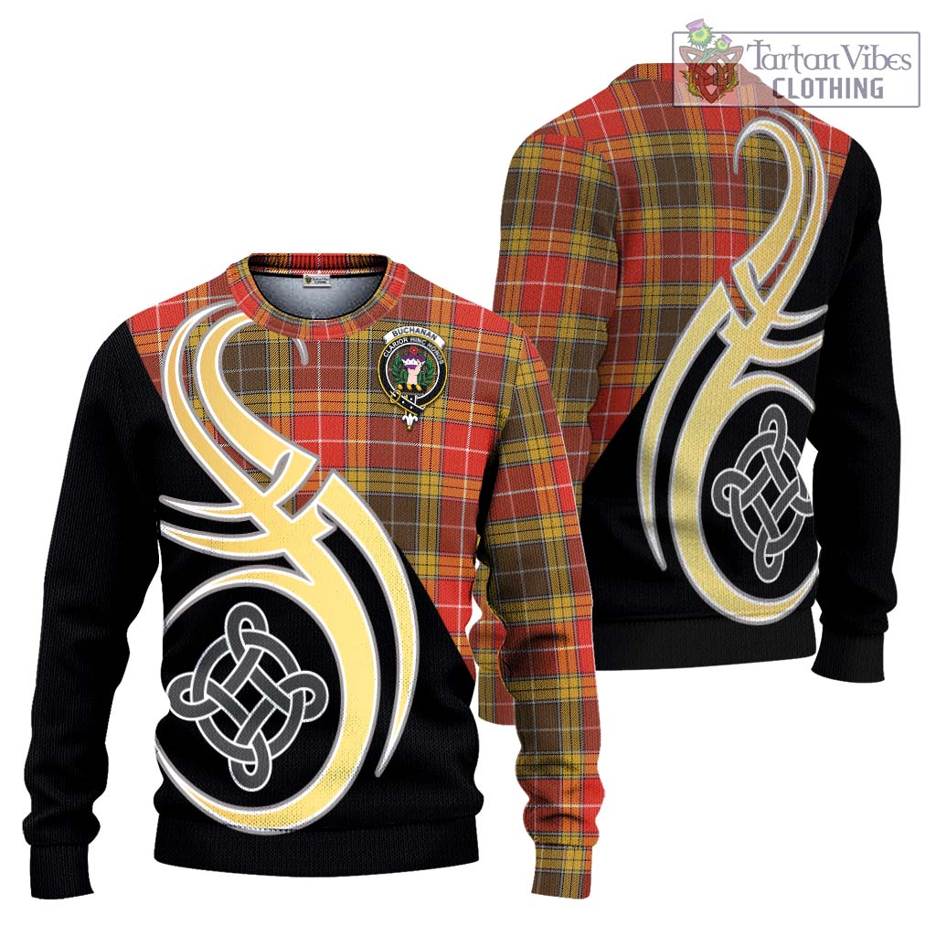 Buchanan Old Set Weathered Tartan Knitted Sweater with Family Crest and Celtic Symbol Style Unisex - Tartan Vibes Clothing