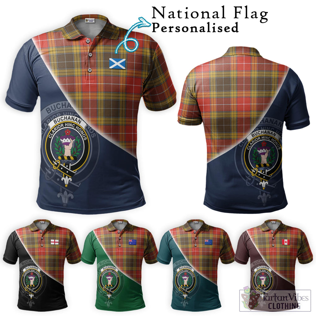 Buchanan Old Set Weathered Tartan Polo Shirt with Personalised National Flag and Family Crest Half Style Maroon - Tartanvibesclothing Shop