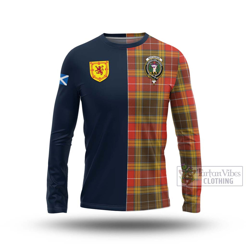 Tartan Vibes Clothing Buchanan Old Set Weathered Tartan Long Sleeve T-Shirt with Scottish Lion Royal Arm Half Style