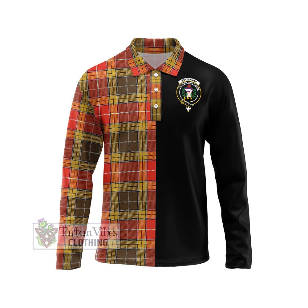 Buchanan Old Set Weathered Tartan Long Sleeve Polo Shirt with Family Crest and Half Of Me Style Unisex - Tartanvibesclothing Shop