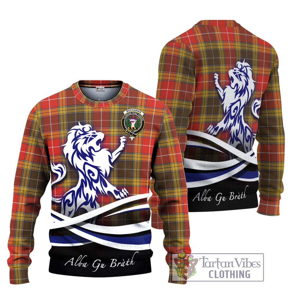 Buchanan Old Set Weathered Tartan Knitted Sweater with Alba Gu Brath Regal Lion Emblem Unisex - Tartanvibesclothing Shop