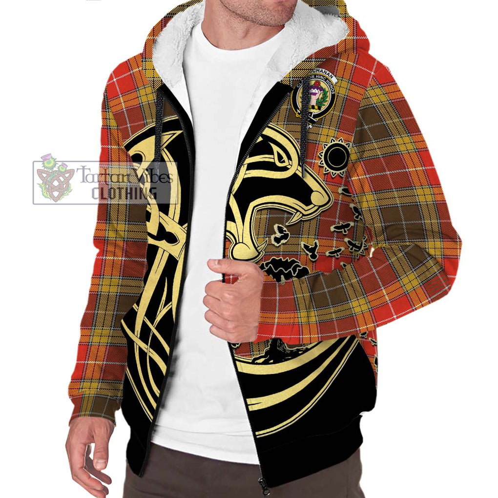 Buchanan Old Set Weathered Tartan Sherpa Hoodie with Family Crest Celtic Wolf Style Unisex S - Tartan Vibes Clothing