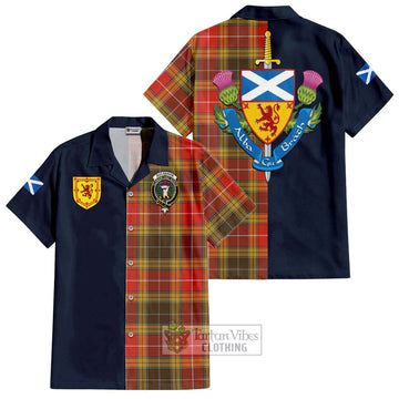 Buchanan Old Set Weathered Tartan Short Sleeve Button Shirt Alba with Scottish Lion Royal Arm Half Style