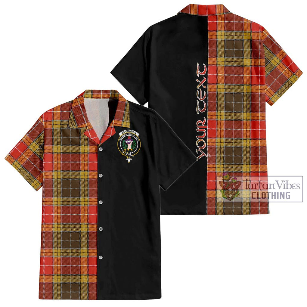 Buchanan Old Set Weathered Tartan Short Sleeve Button Shirt with Family Crest and Half Of Me Style Kid - Tartanvibesclothing Shop