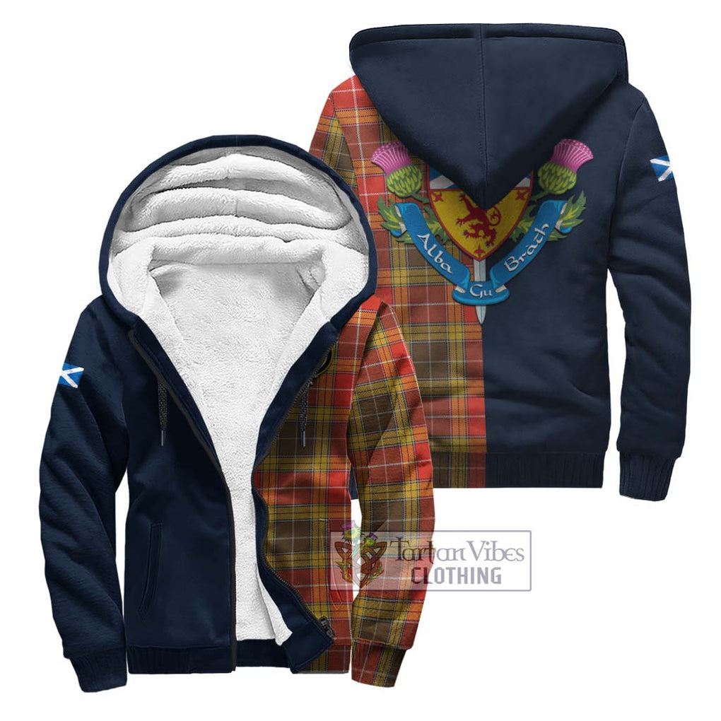 Tartan Vibes Clothing Buchanan Old Set Weathered Tartan Sherpa Hoodie with Scottish Lion Royal Arm Half Style