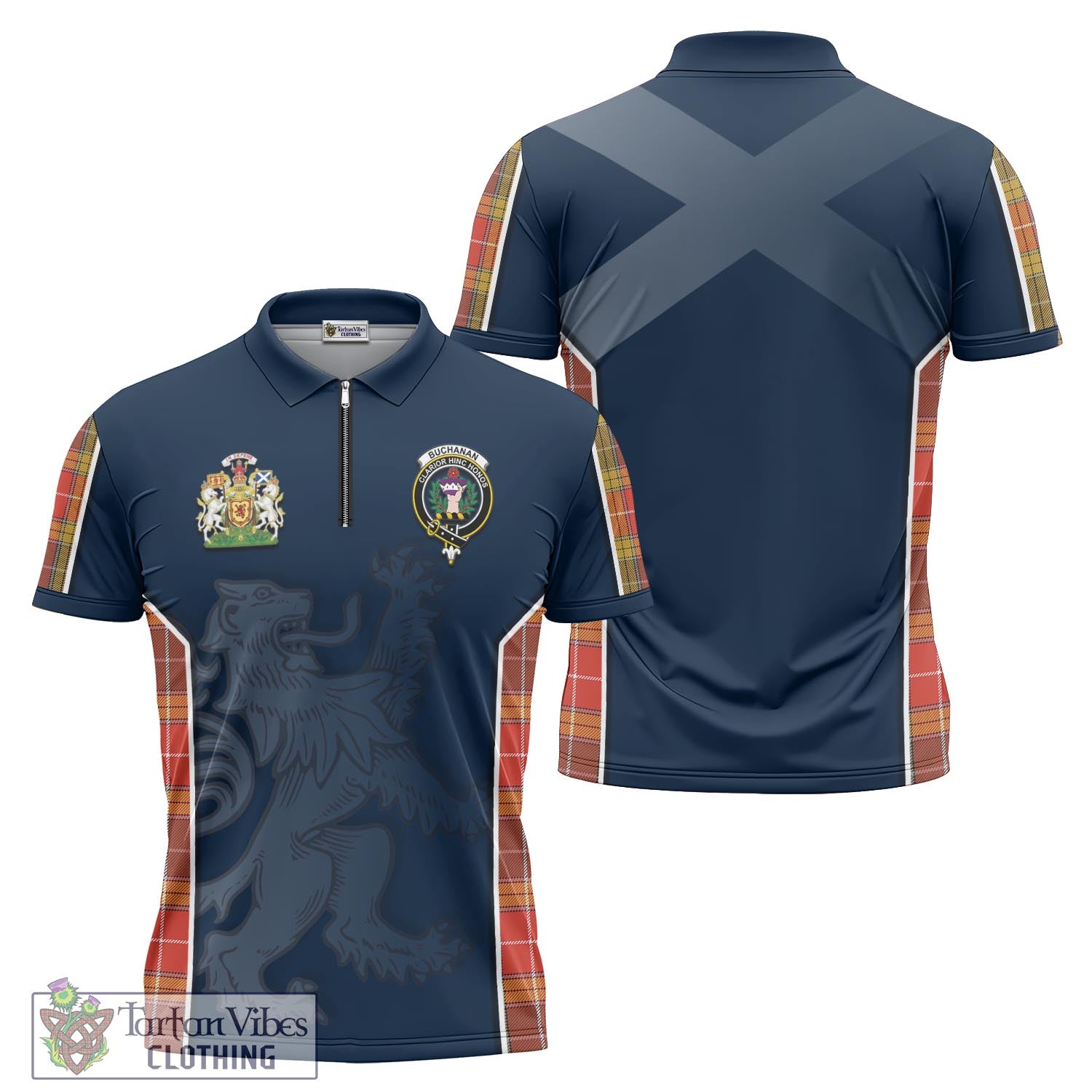 Tartan Vibes Clothing Buchanan Old Set Weathered Tartan Zipper Polo Shirt with Family Crest and Lion Rampant Vibes Sport Style