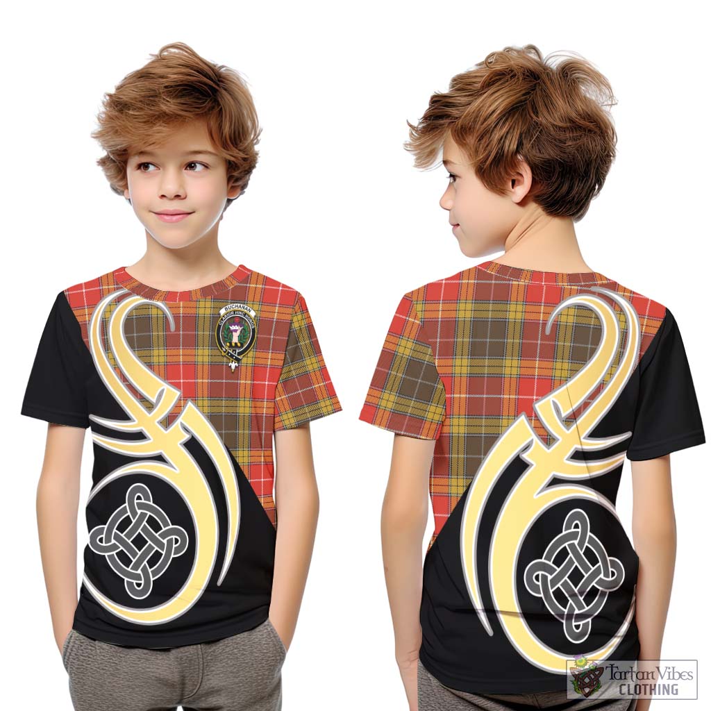 Buchanan Old Set Weathered Tartan Kid T-Shirt with Family Crest and Celtic Symbol Style Youth XL Size14 - Tartan Vibes Clothing