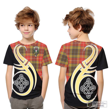 Buchanan Old Set Weathered Tartan Kid T-Shirt with Family Crest and Celtic Symbol Style