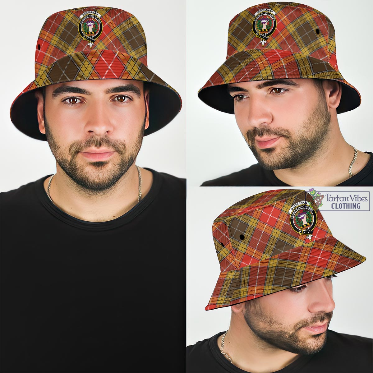 Tartan Vibes Clothing Buchanan Old Set Weathered Tartan Bucket Hat with Family Crest