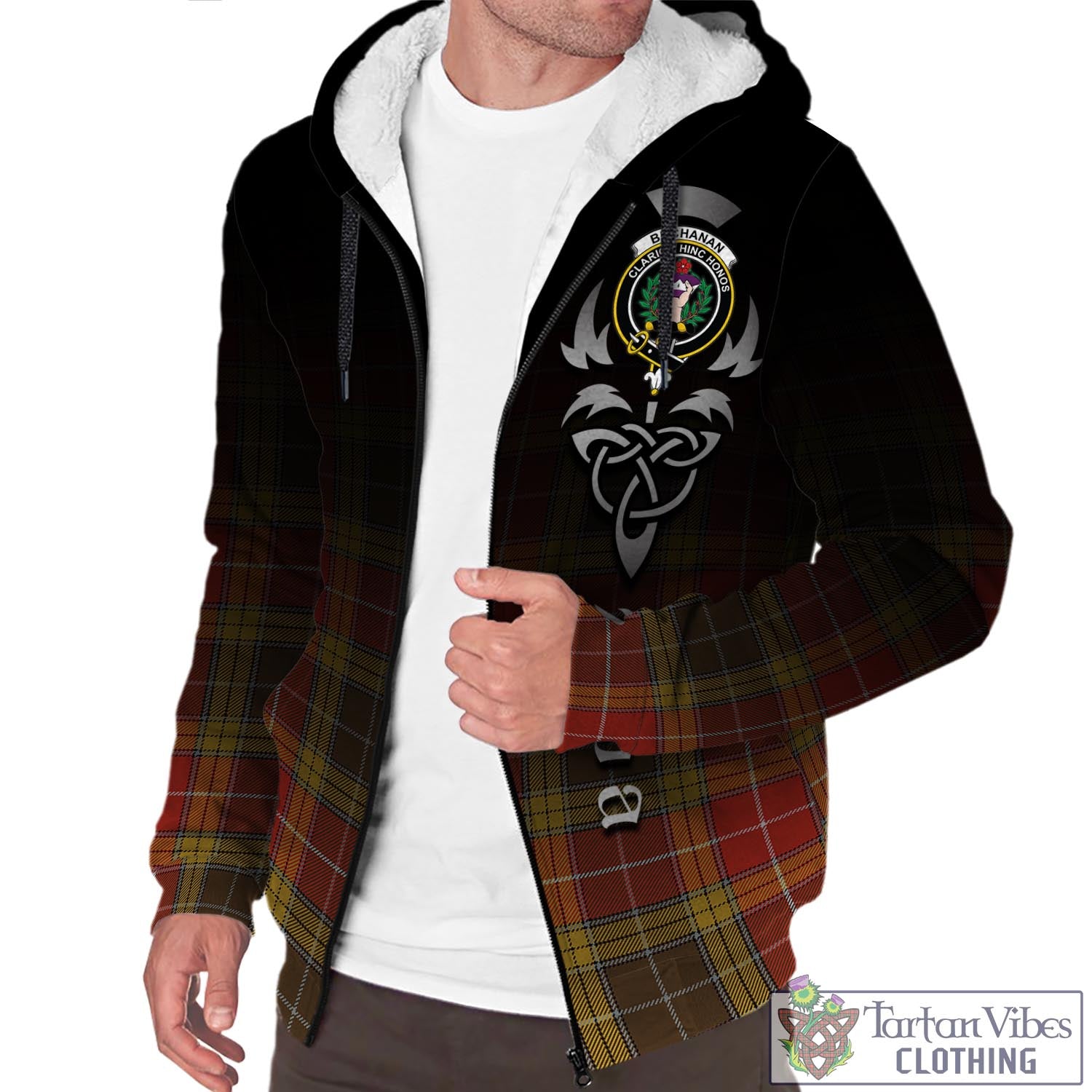 Tartan Vibes Clothing Buchanan Old Set Weathered Tartan Sherpa Hoodie Featuring Alba Gu Brath Family Crest Celtic Inspired