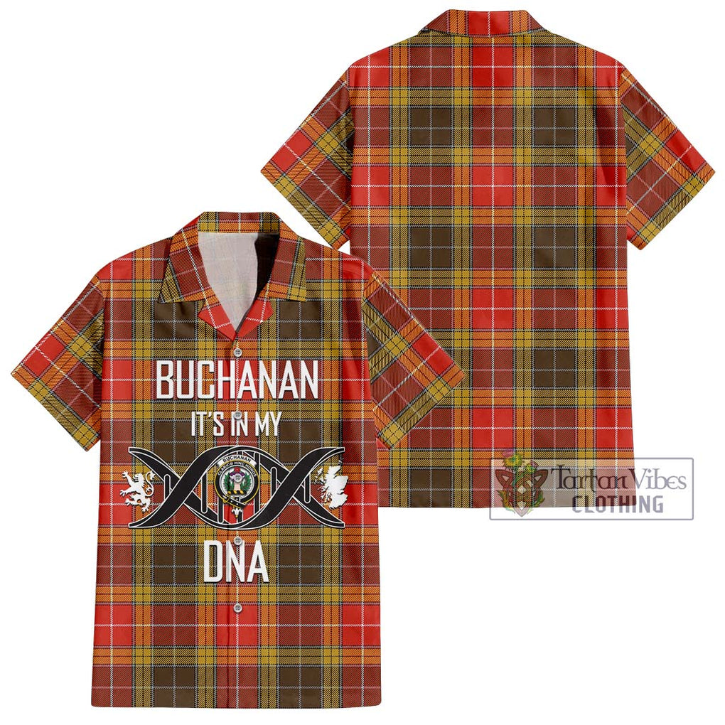 Buchanan Old Set Weathered Tartan Short Sleeve Button Shirt with Family Crest DNA In Me Style Kid - Tartanvibesclothing Shop