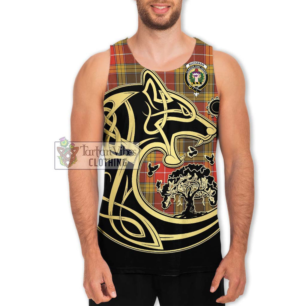 Buchanan Old Set Weathered Tartan Men's Tank Top with Family Crest Celtic Wolf Style Men - Tartan Vibes Clothing