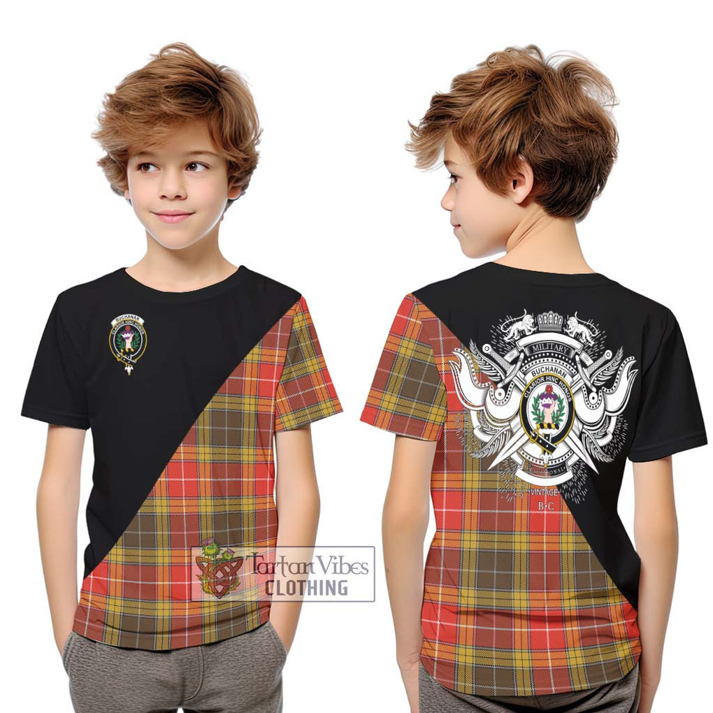 Buchanan Old Set Weathered Tartan Kid T-Shirt with Family Crest and Military Logo Style Youth XL Size14 - Tartanvibesclothing Shop