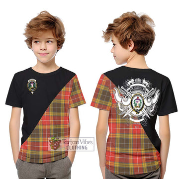 Buchanan Old Set Weathered Tartan Kid T-Shirt with Family Crest and Military Logo Style