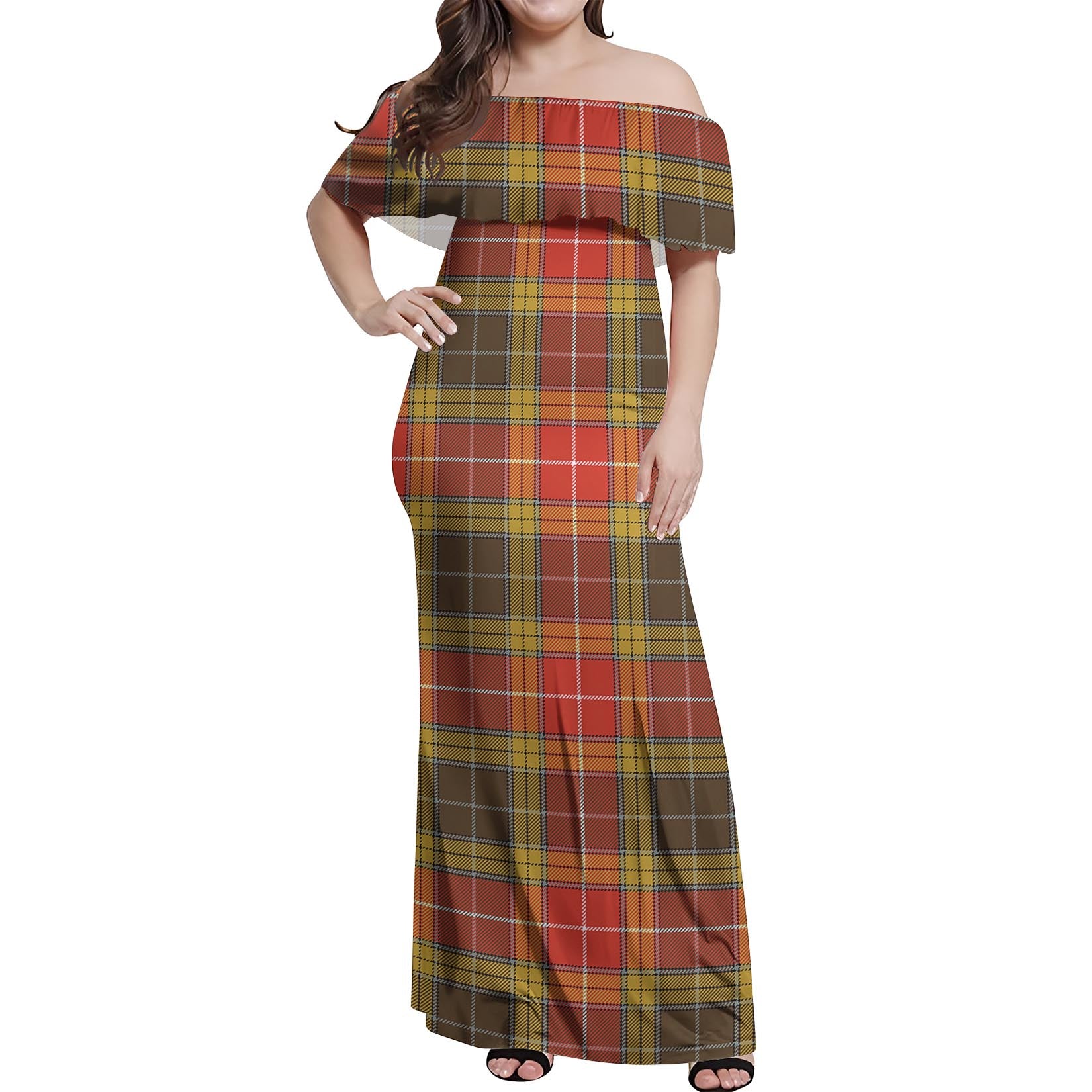 Buchanan Old Set Weathered Tartan Off Shoulder Long Dress Women's Dress - Tartanvibesclothing