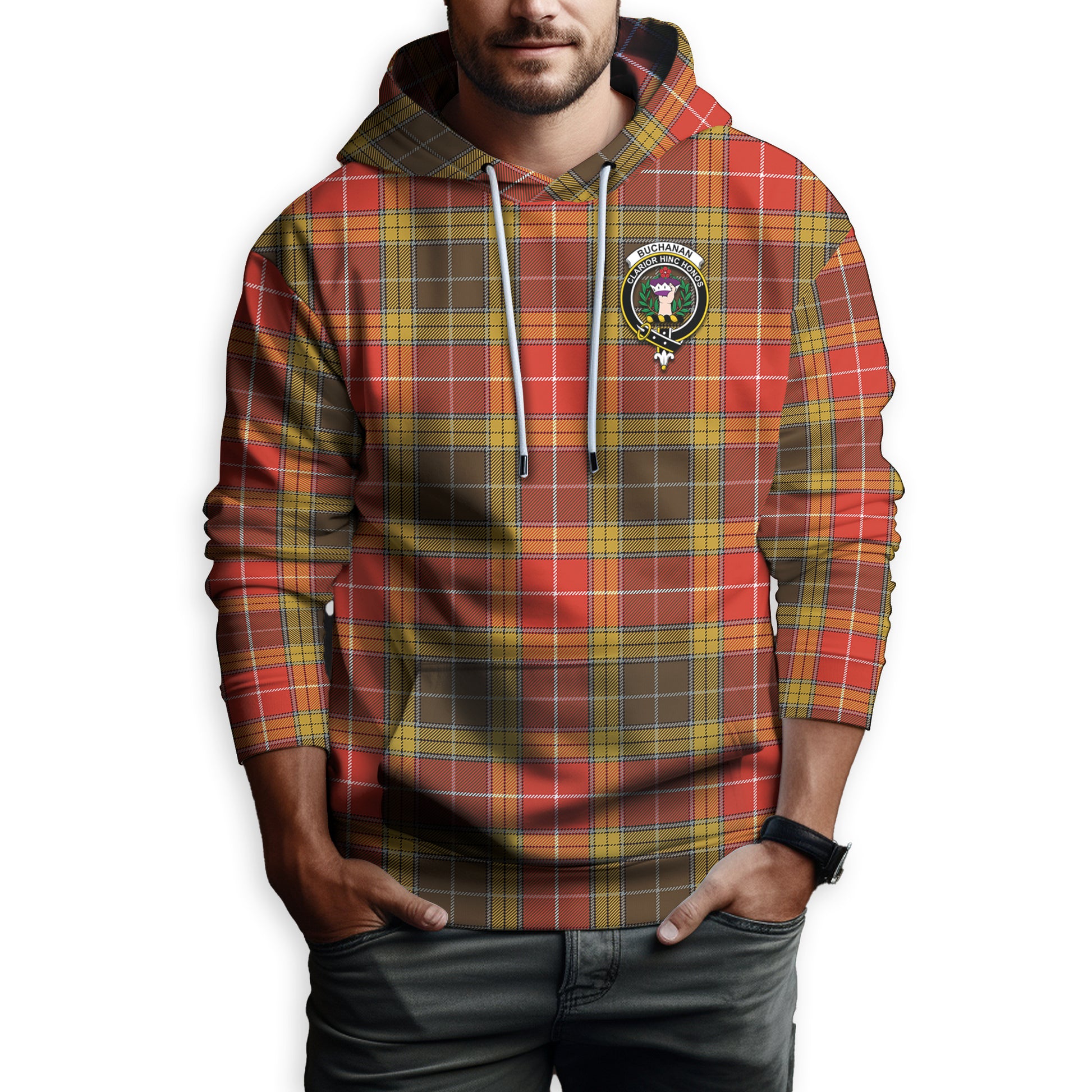 Buchanan Old Set Weathered Tartan Hoodie with Family Crest - Tartanvibesclothing